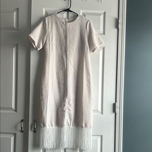 Elegant Cream Short Sleeve Dress with Fringe Hem
